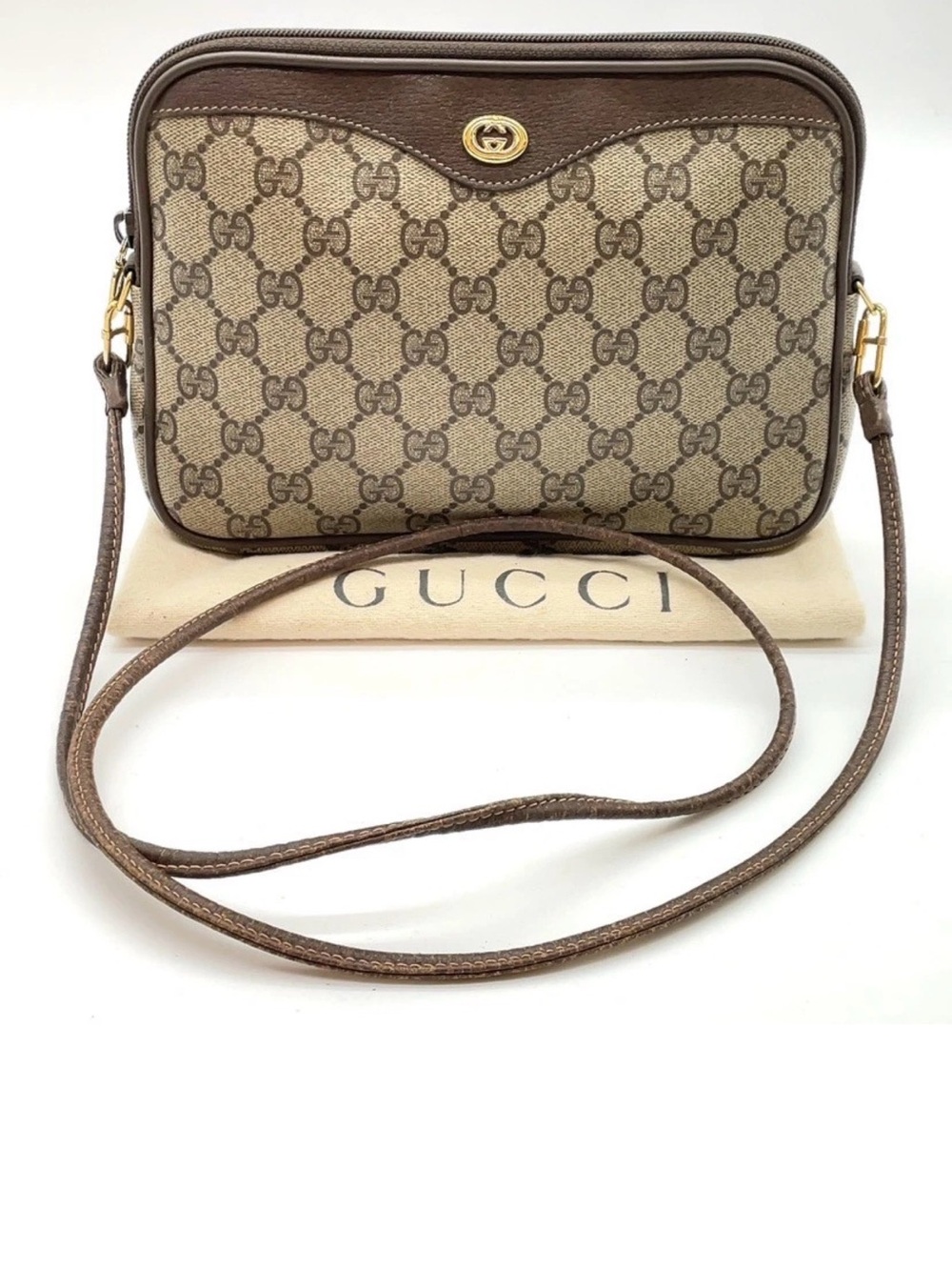 Auth Gucci GG Supreme PVC Leather Brown Shoulder Bag W/Dustbag